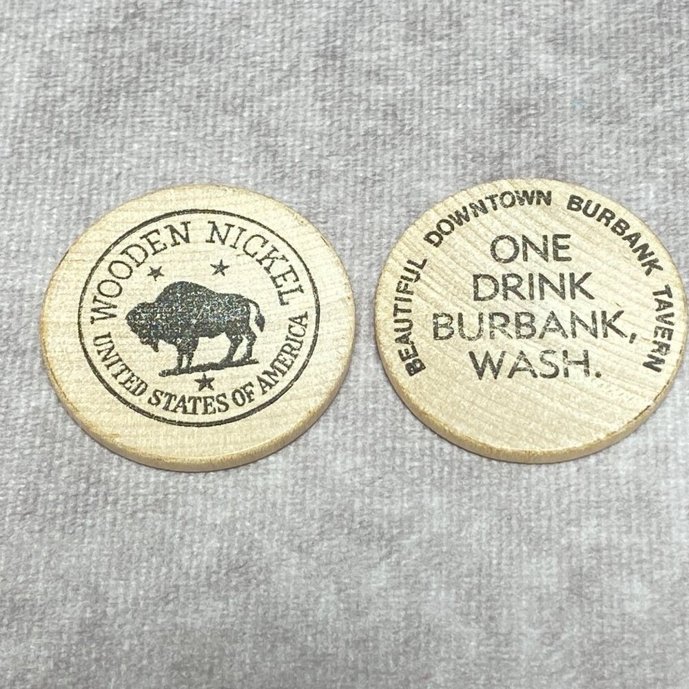 Vintage Wooden Nickel Tokens "One Drink Burbank Wash." Buffalo Design Set of 20